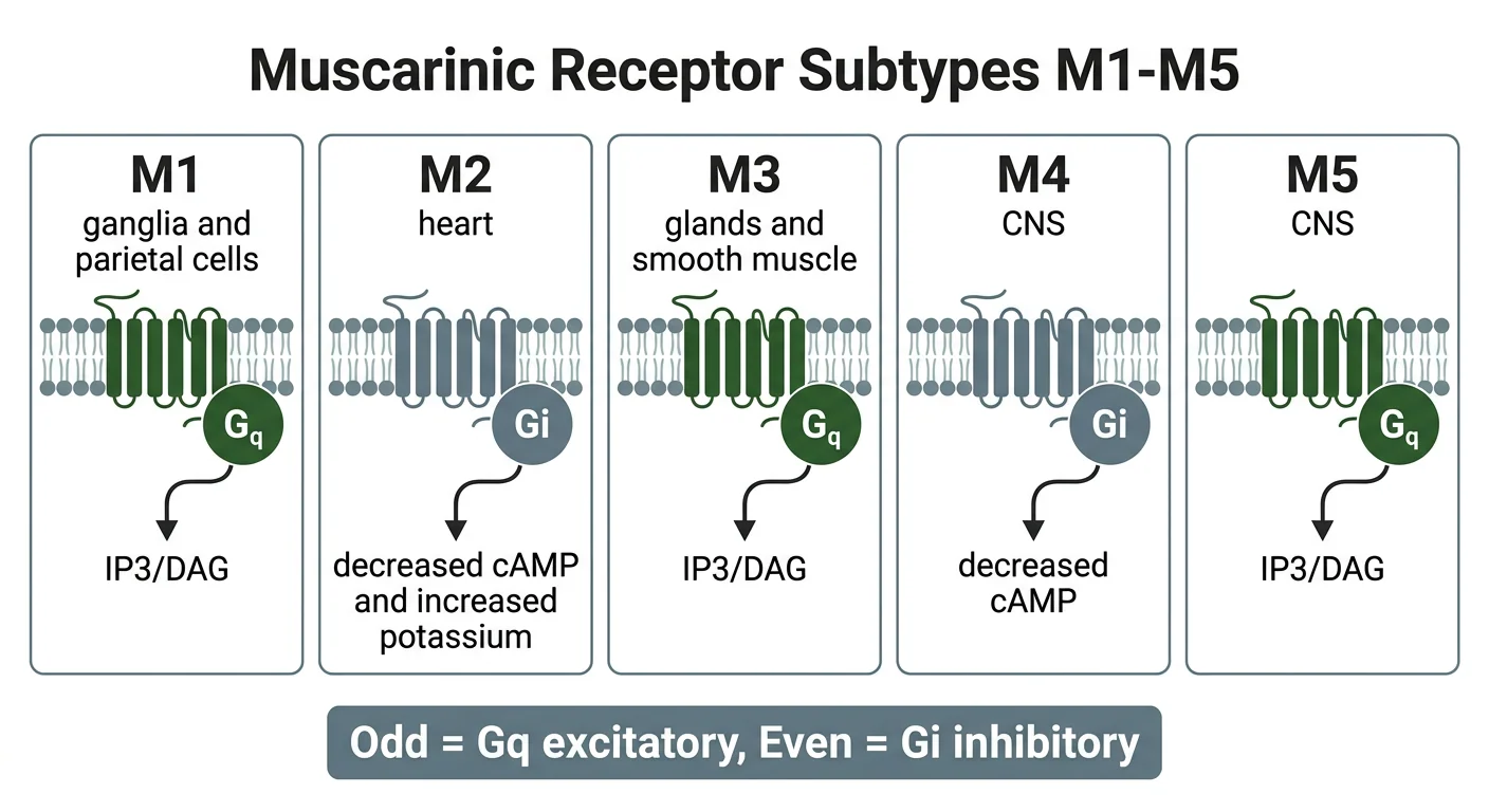 Figure 3 — Muscarinic receptor subtypes and signal transduction