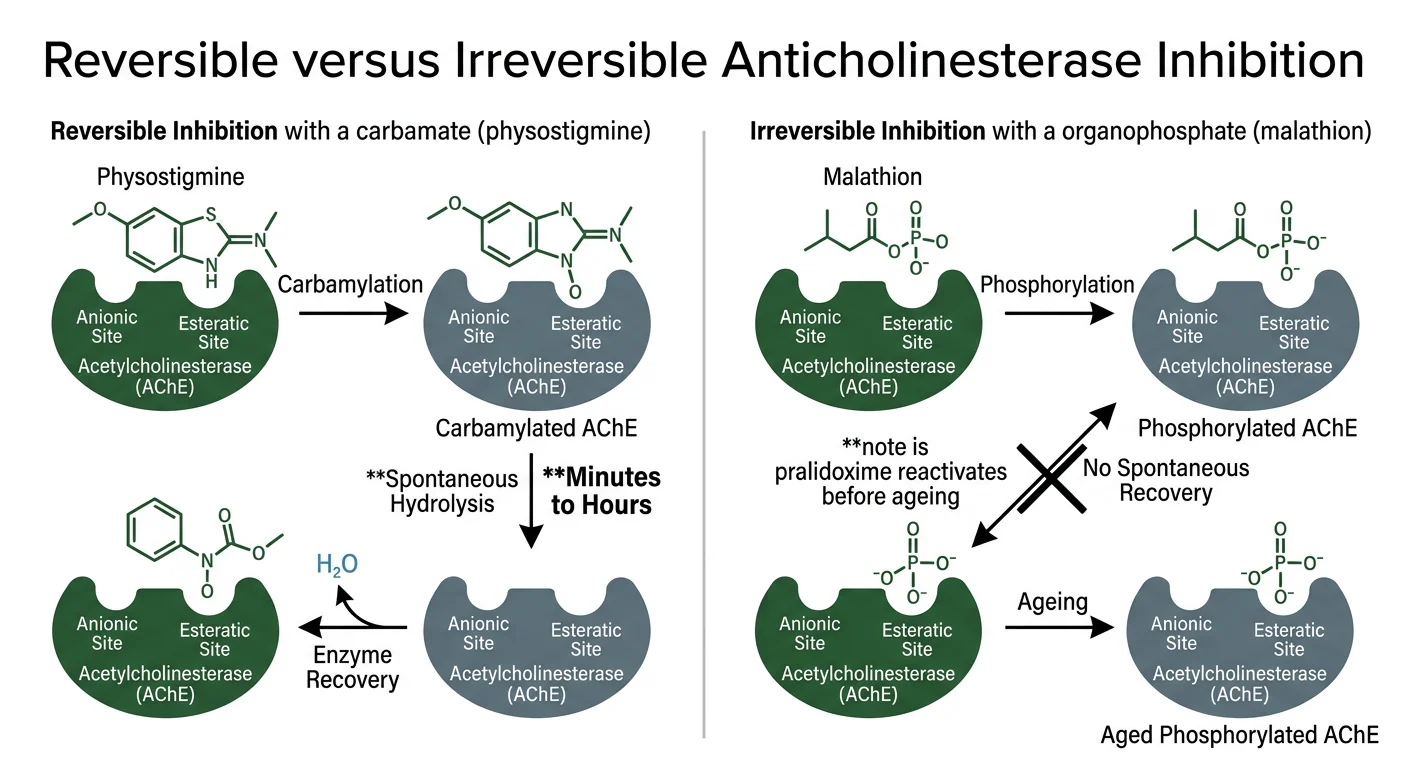 Figure 2 — Reversible carbamylation versus irreversible phosphorylation