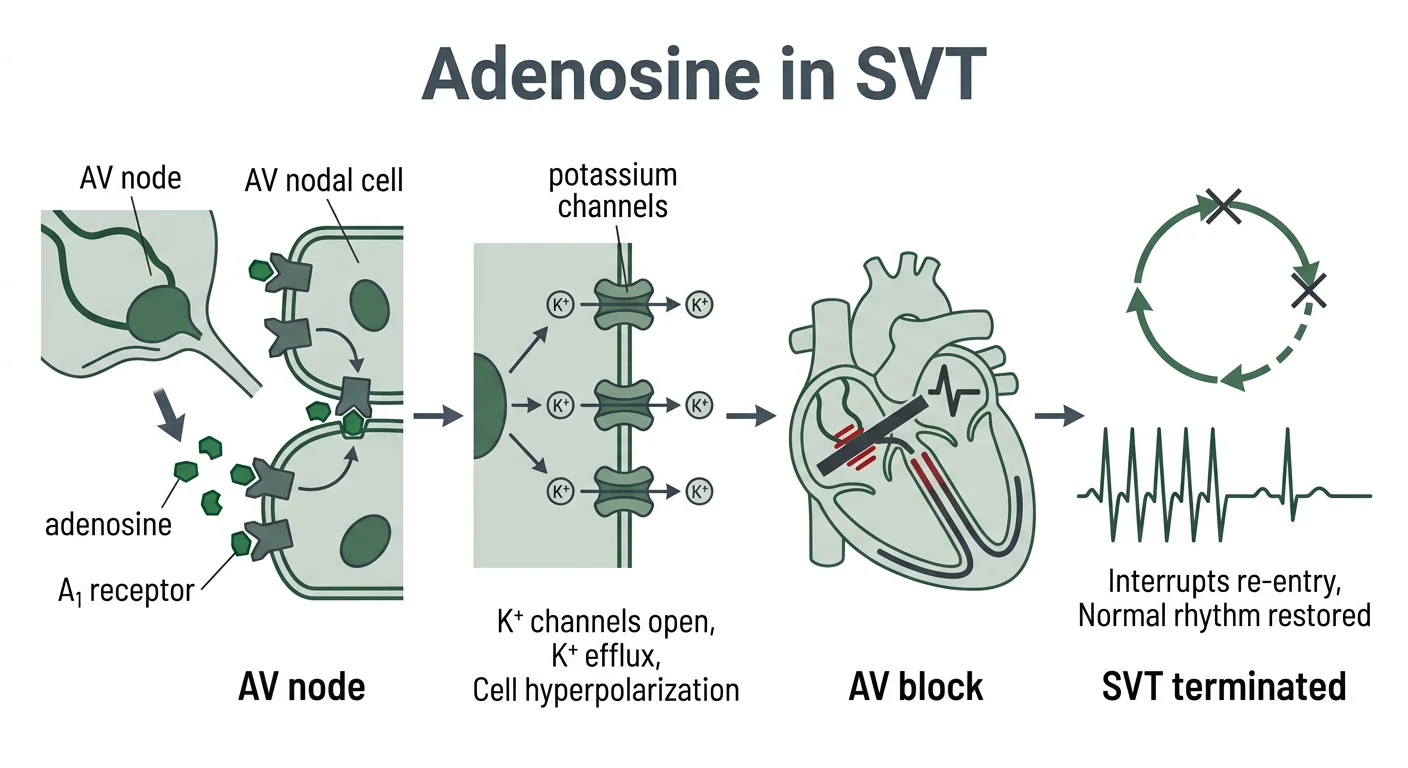 Adenosine activating A1 receptors, opening potassium channels, hyperpolarising the AV node and interrupting re-entry