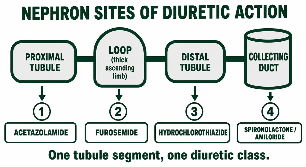 Detailed diagram of a nephron mapping the five sites of diuretic action: Site 1 PCT (Acetazolamide on Carbonic Anhydrase), Site 2 TAL (Loop diuretics on NKCC2 and paracellular Ca2+/Mg2+), Site 3 DCT (Thiazides on NCCT and Ca2+ reabsorption), Site 4 CCD (Amiloride on ENaC, Spironolactone on MR), and Site 5 MCD (Tolvaptan on V2/Aquaporin-2)