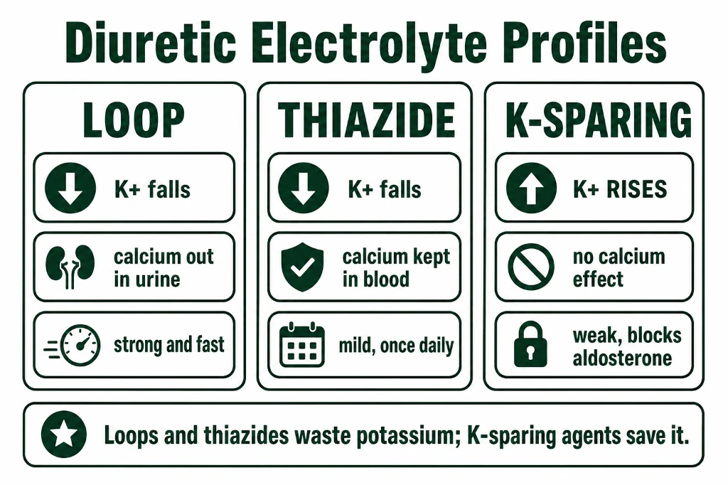 Summary chart displaying the serum electrolyte and acid-base signatures of major diuretic classes, highlighting hypokalemic alkalosis with loop/thiazides, hyperkalemic acidosis with K+-sparers, hypercalcemia with thiazides, and hypocalcemia with loop diuretics