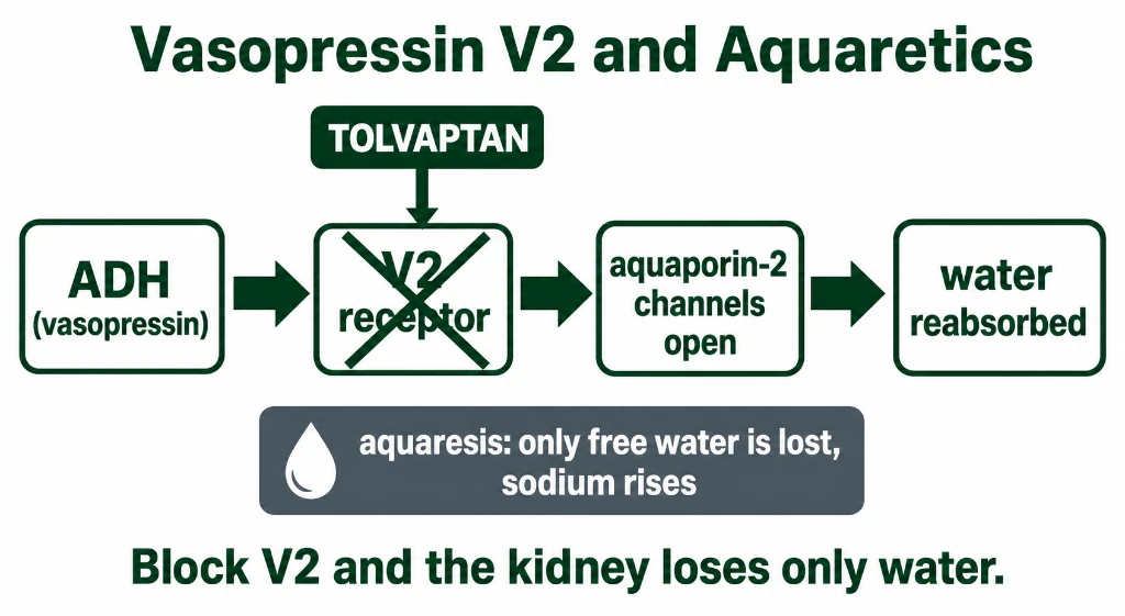 Cellular signaling diagram of collecting duct principal cell showing vasopressin V2 receptor activation stimulating the Gs-cAMP-PKA pathway to insert Aquaporin-2 channels apically, and Tolvaptan blocking the V2 receptor to promote free-water excretion (aquaresis)