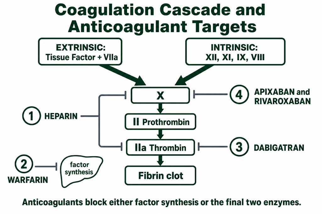 Flowchart of the intrinsic, extrinsic, and common coagulation pathways showing the molecular targets of Heparin, LMWH, Fondaparinux, Warfarin, Dabigatran, and direct Factor Xa inhibitors