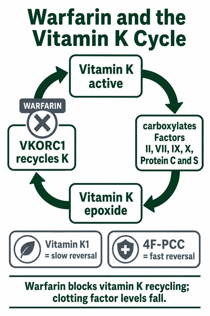 Biochemical cycle of Vitamin K epoxide reduction showing Warfarin inhibiting VKORC1, blocking gamma-carboxylation of Factors II, VII, IX, X, Protein C, and S, and reversal pathways