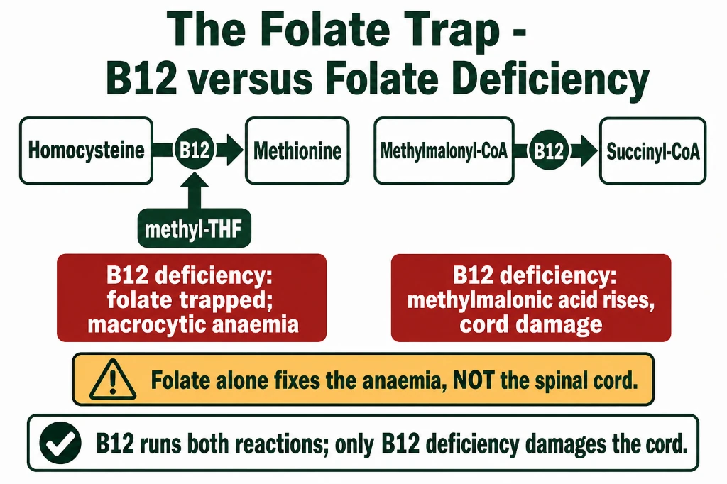 Metabolic diagram illustrating the Folate Trap where Vitamin B12 deficiency traps N5-methyl THF and causes methylmalonic acid accumulation leading to subacute combined degeneration